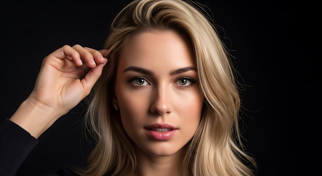 A beautiful blonde woman with her hand on her head photo