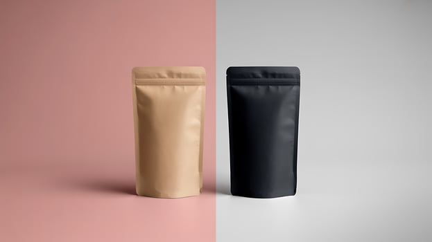 Two stand up pouches one kraft brown one black against a split background photo