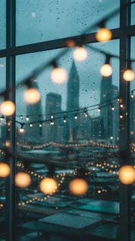 Rainy cityscape through a window with warm lights photo