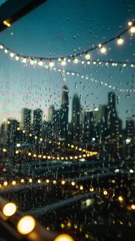 Rainy cityscape with twinkling lights at dusk photo