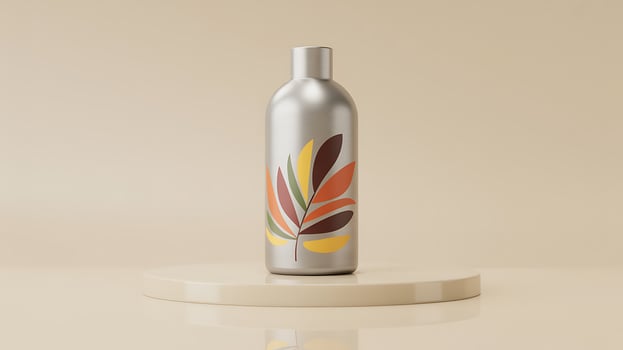 Sleek silver water bottle with abstract leaf design photo