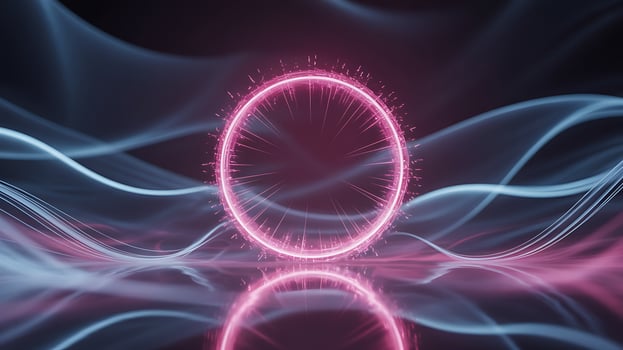 Vibrant pink neon ring illuminates abstract wavy light background photo
