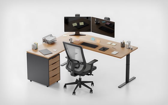 Modern ergonomic l shaped corner desk setup with dual monitors photo