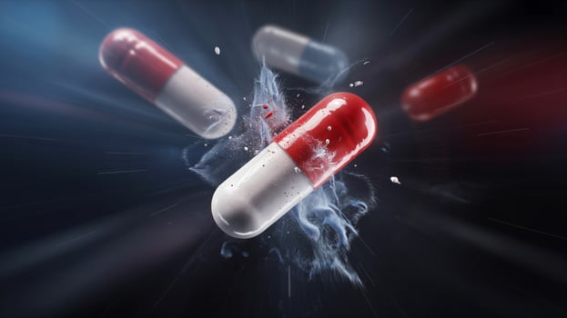 Exploding red and white capsules with blue smoke effect photo