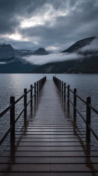 Wooden pier leading to misty mountains over calm water photo