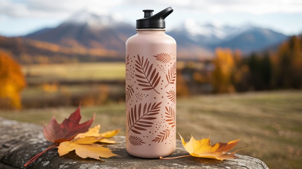 Autumn leaf patterned water bottle in a natural outdoor setting photo