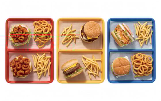 Three lunch trays filled with classic fast food options photo