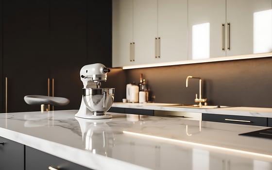 Modern kitchen countertop with stand mixer and stylish faucet photo