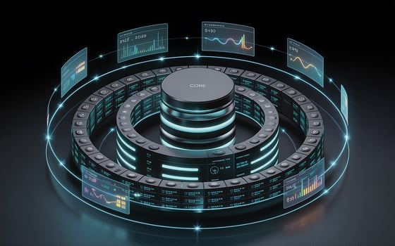 Futuristic circular data hub with glowing screens photo