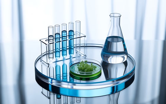 Scientific experiment with test tubes flask and petri dish photo