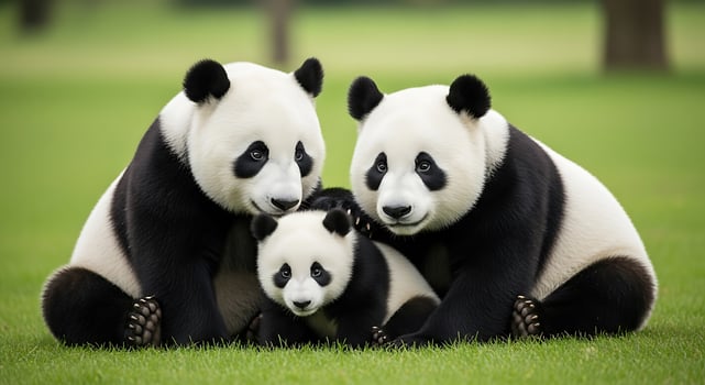 Three panda bears sitting on the grass photo