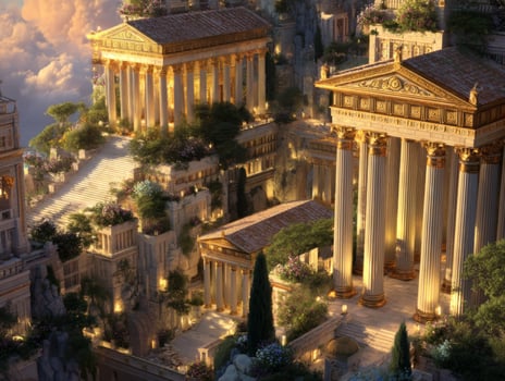 Majestic Ancient Temple Ruins in Cloudy Sky with Golden Light Illuminating Pillars and Serene Landscape photo