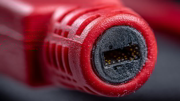 Red Ethernet cable connector, details and fit to the port photo