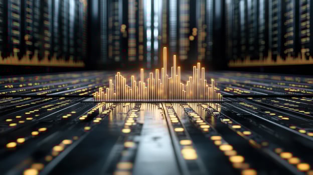 Digital visualization of data analysis with glowing bars representing growth and trends photo