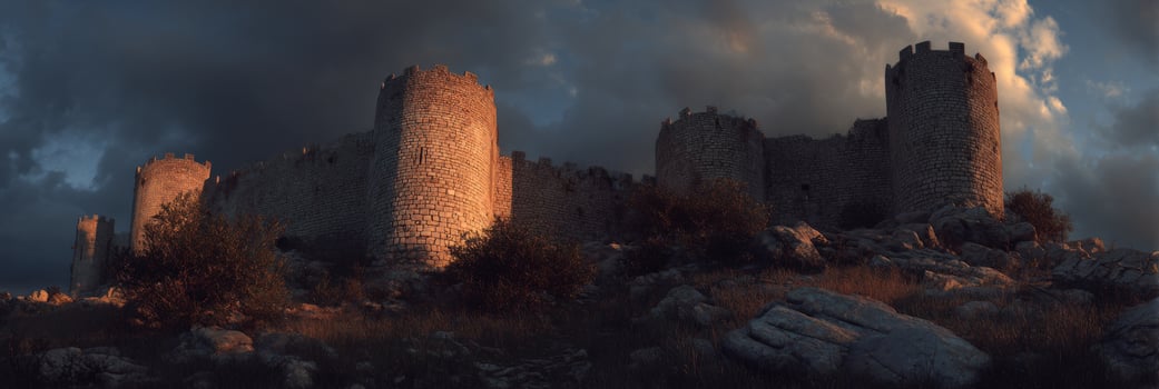 Majestic medieval castle ruins illuminated by golden sunset light against a dramatic cloudy sky in a panoramic landscape photo