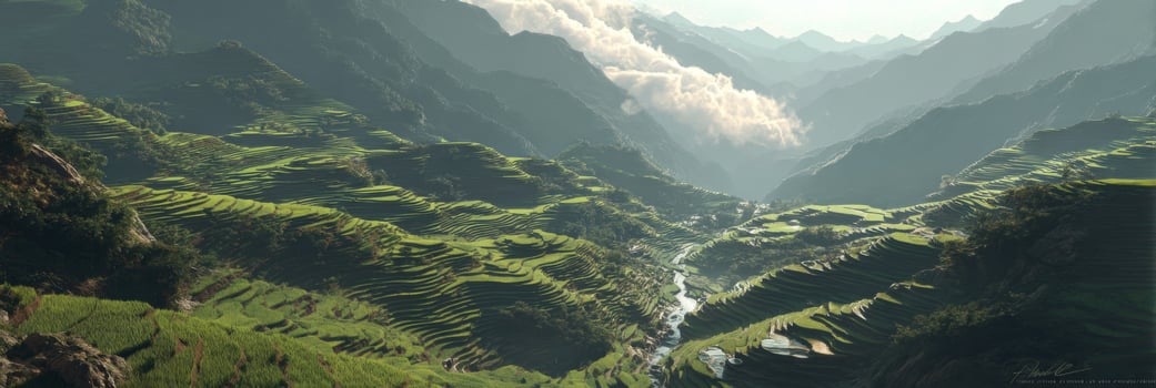 Vast Green Rice Terraces Under a Bright Sky with Gentle Clouds in a Serene Mountain Landscape photo