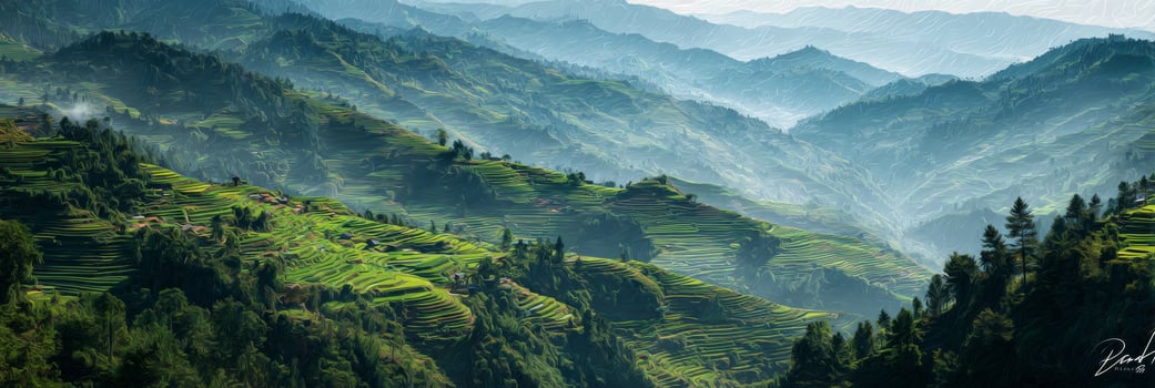Lush Green Terraced Hills Under Misty Sky in Scenic Landscape of Mountains and Fields photo