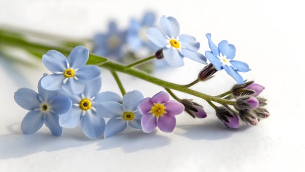Delicate Forget Me Nots Blue and Purple Blossoms on White Background, Floral Still Life, Springtime Beauty photo