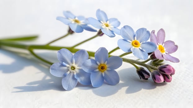 Delicate Forget Me Nots Spring Blooms in Soft Light, Floral Close Up, Botanical Beauty photo