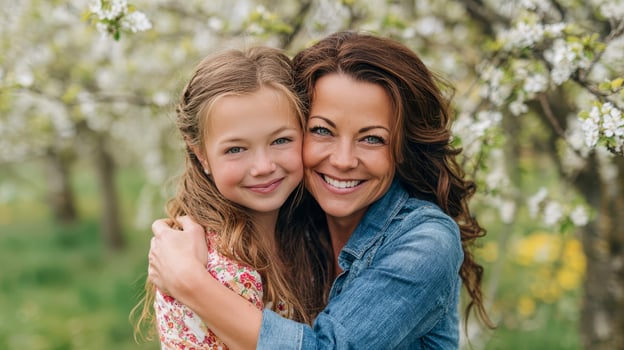 Mother and daughter hugging lovingly outdoors in park with blooming trees, both smiling, friendly family photo