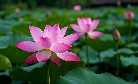 Pink lotus flowers in a green pond photo