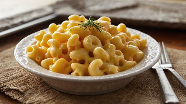 Macaroni and cheese in a bowl with a sprig of rosemary photo