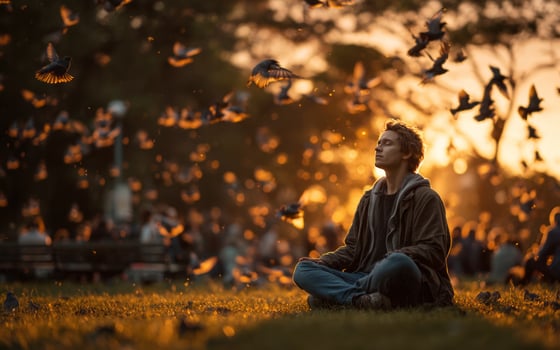 Young man meditating in a park at sunset surrounded by flying birds photo