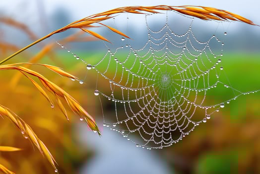 Dewy spiderweb hanging on wheat stalks in autumn field photo