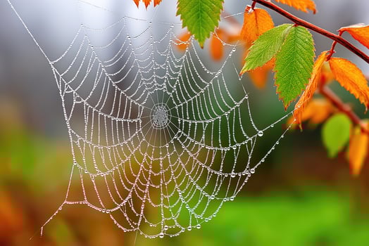 Dew covered spider web among colorful autumn leaves photo
