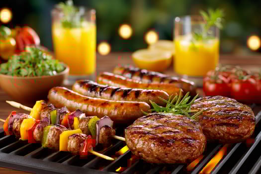 Delicious grilled burgers, sausages and vegetable skewers with refreshing drinks photo