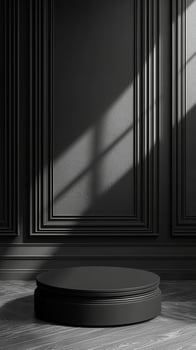 Black round podium on dark wood product with elegant wall and window light creating shadows for floor presentation photo