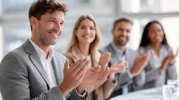Business professionals applauding, sharing enthusiasm after workplace milestone in contemporary achieving setting photo