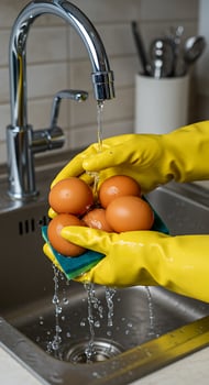 A person wearing yellow gloves is washing eggs in a sink photo