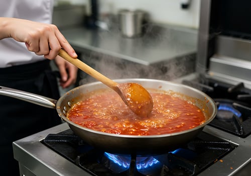 A person stirring a pan of sauce on a stove photo