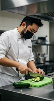 A chef wearing a mask and gloves cutting a cucumber photo