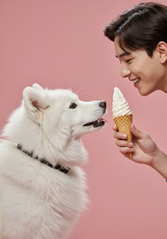 A man and a dog eating ice cream photo