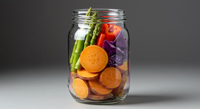 A jar filled with vegetables and other foods photo