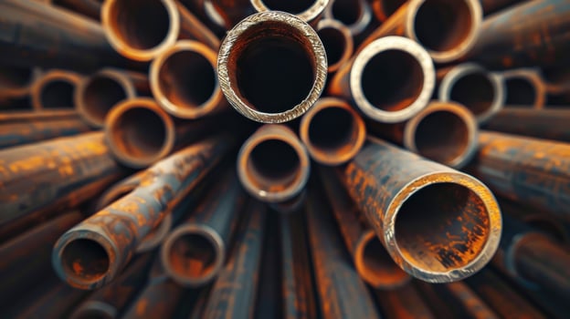 A pile of rusty pipes with some of them being bent. Concept of decay abandonment photo