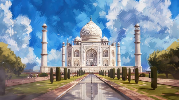 The Taj Mahal is a beautiful white building with a blue sky in the background. The painting captures the essence of the Taj Mahal and its surroundings, creating a serene and peaceful atmosphere photo