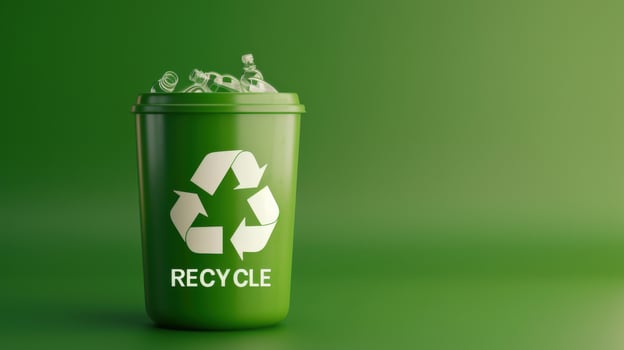 A green trash can with a white recycling symbol on it. The image conveys the importance of recycling and taking care of the environment photo