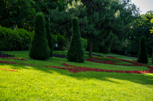 Fresh green landscape of formal garden at spring. High quality photo