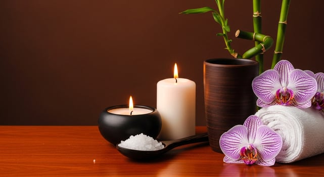 Relaxing spa scene with candles orchids and bamboo photo
