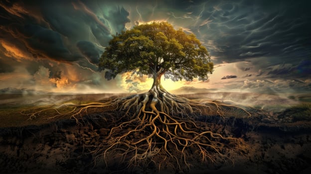 A tree with root that are spread out in the ground. The sky is dark and cloudy. Scene is mysterious and ominous photo