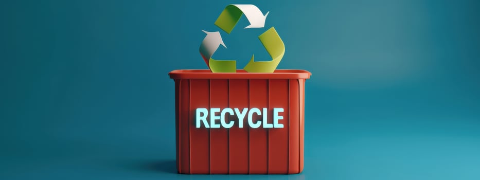A red container with a green arrow on top and the word recycle written on it. Concept of recycling and the importance of taking care of the environment photo