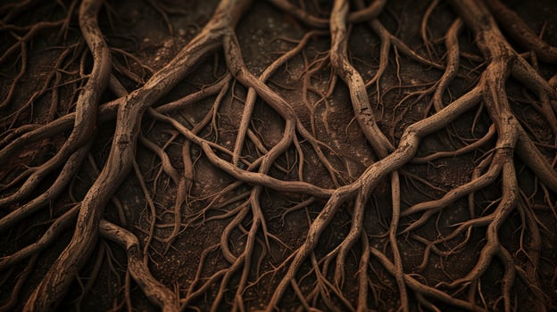 A close up of tree root that are black and brown. The roots are twisted and gnarled, giving the impression of a tangled mess. Scene is one of mystery and intrigue photo