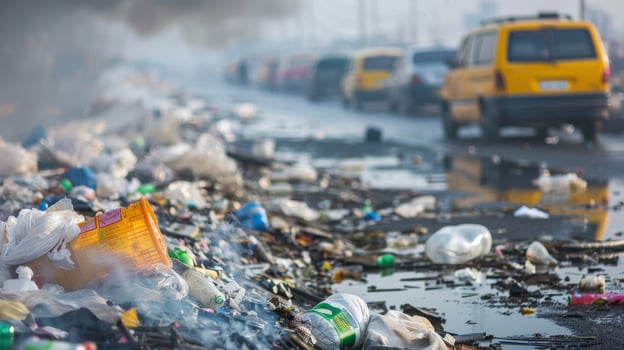 A pile of trash on the side of the road with a yellow car driving by. Scene is one of pollution and waste photo