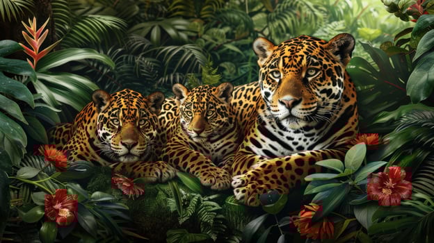 A jaguars are laying in the jungle. with one of them looking at the camera. Concept of peace and tranquility, as the animals are surrounded by lush greenery and colorful flowers photo