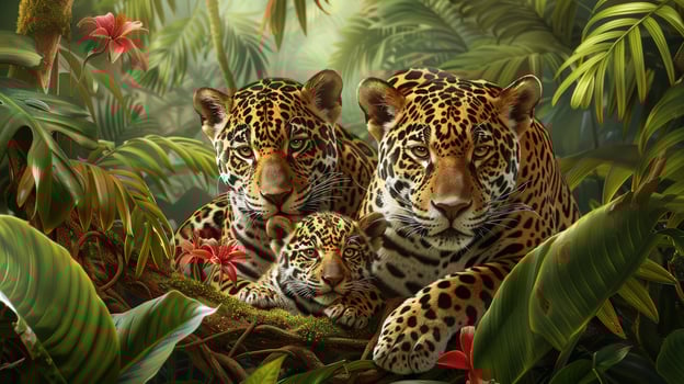 A jaguars are laying in the jungle with one of them looking at the camera. Concept of peace and tranquility, as the animals are surrounded by lush greenery and colorful flowers photo