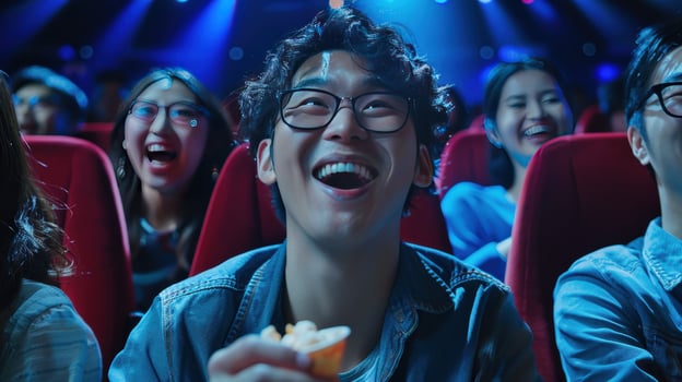 A group of people laughing and smiling at a movie. Scene is happy and joyful photo