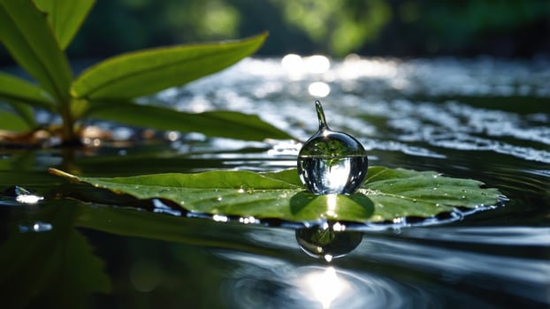 Water droplet resting on a green lily pad in a serene pond, reflecting the surrounding nature photo